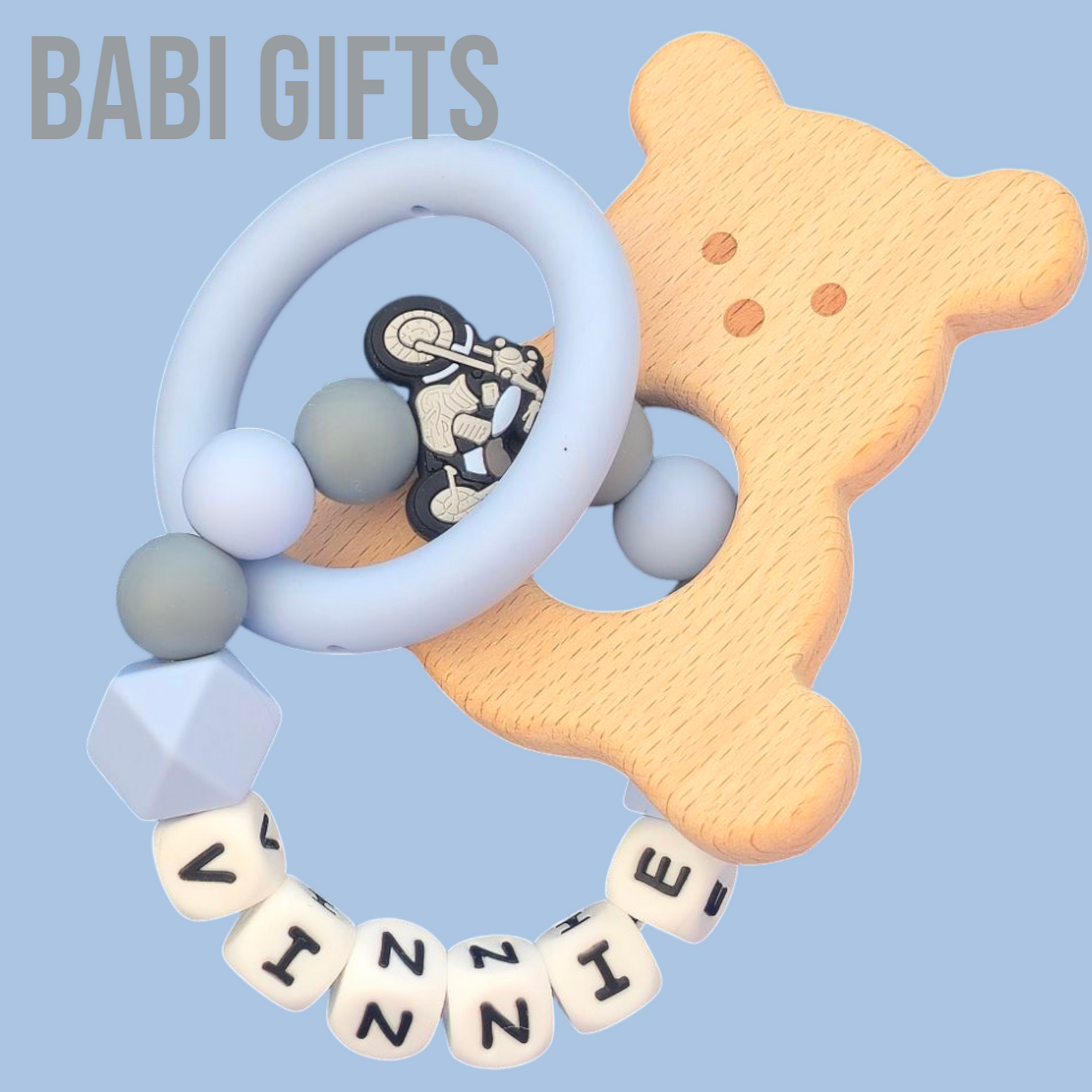 Motorbike Dummy Clip & Bear Teether – Blue Baby Gift