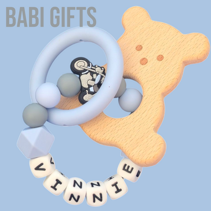 Motorbike Dummy Clip & Bear Teether – Blue Baby Gift