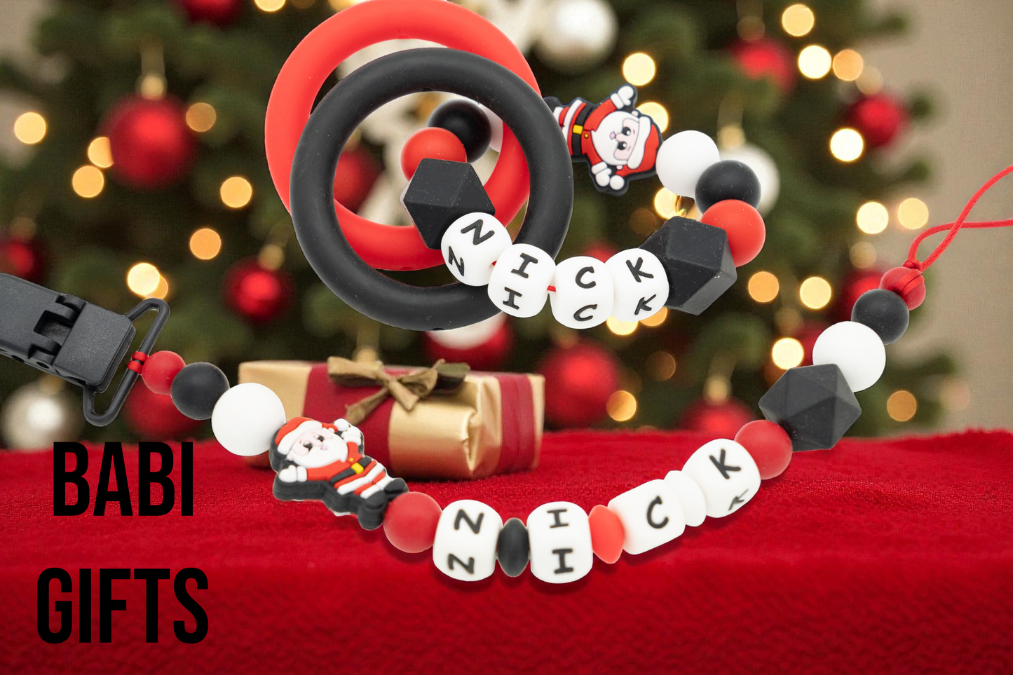 Christmas Santa Dummy Clip and Teether Set – Personalised Baby Gift