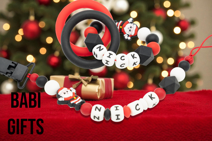 Christmas Santa Dummy Clip and Teether Set – Personalised Baby Gift