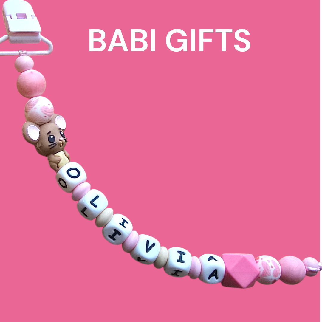 Pink Mouse Dummy Clip and Teether Set – Heart Beads Personalised Gift