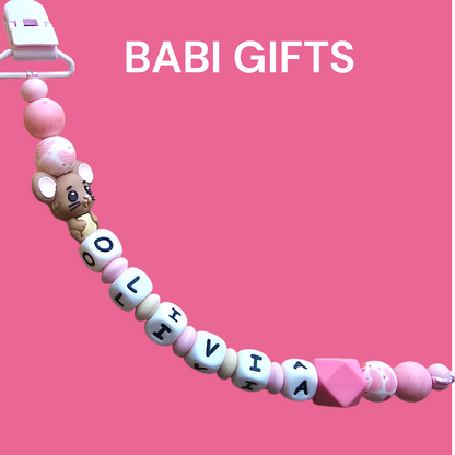 Pink Mouse Dummy Clip and Teether Set – Heart Beads Personalised Gift