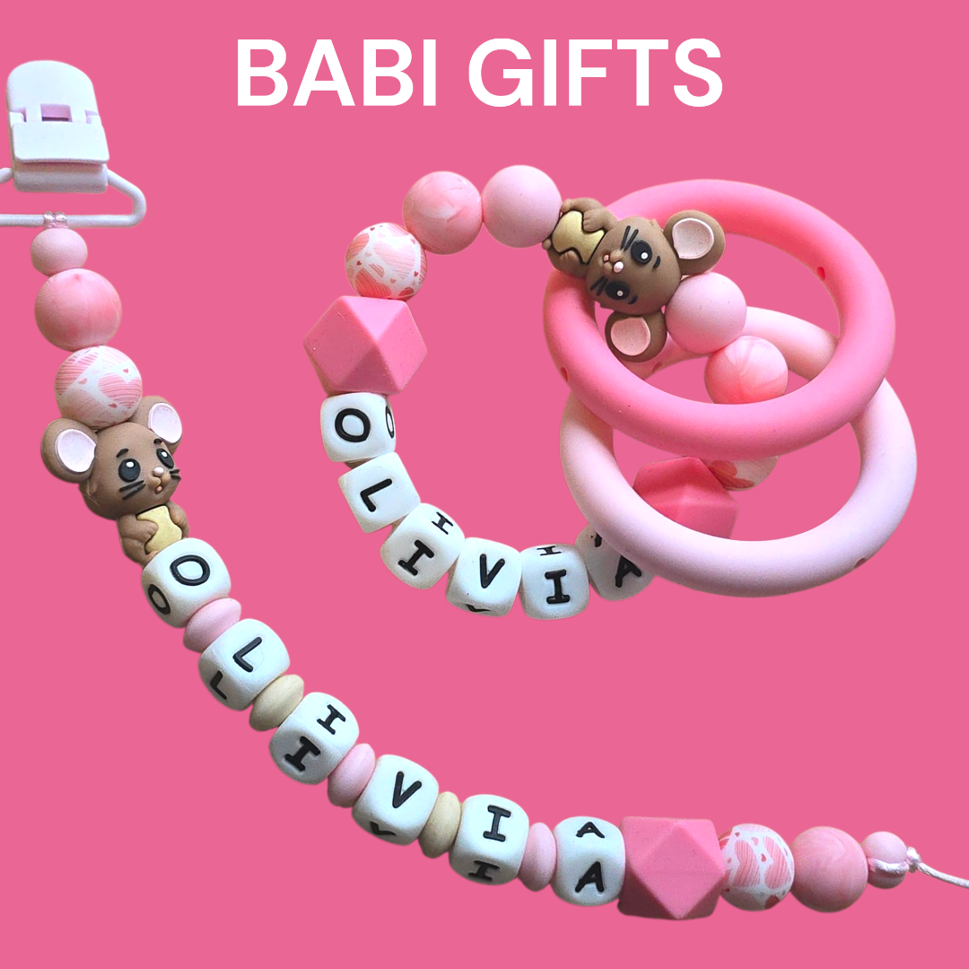 Pink Mouse Dummy Clip and Teether Set – Heart Beads Personalised Gift