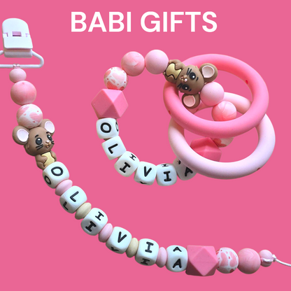 Pink Mouse Dummy Clip and Teether Set – Heart Beads Personalised Gift