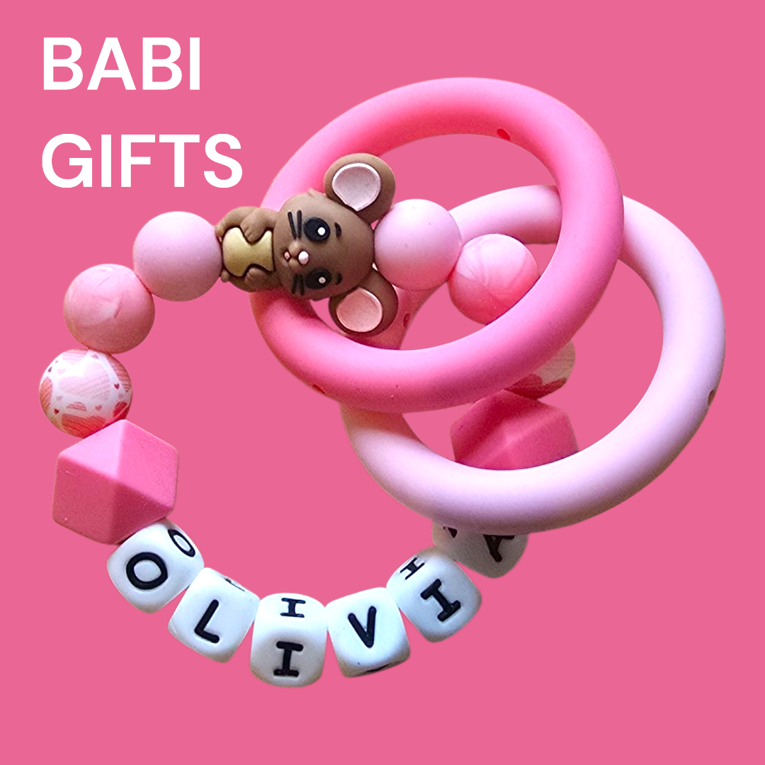 Pink Mouse Dummy Clip and Teether Set – Heart Beads Personalised Gift