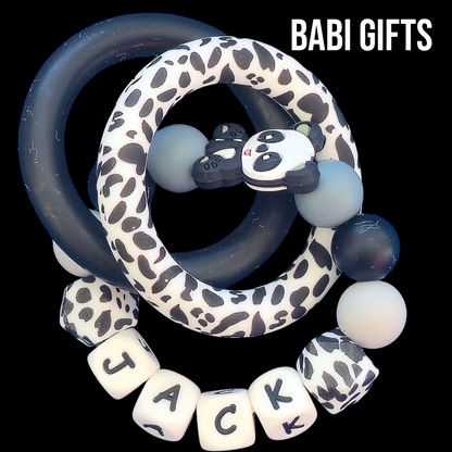Panda Dummy Clip & Teether – Monochrome Personalised Set