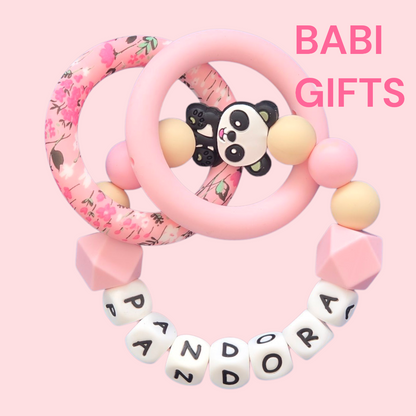 Pink Panda Dummy Clip and Teether Set – Personalised Baby Gift