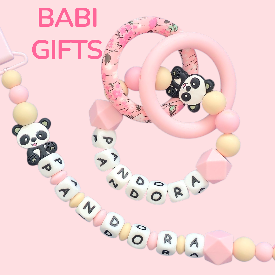 Pink Panda Dummy Clip and Teether Set – Personalised Baby Gift