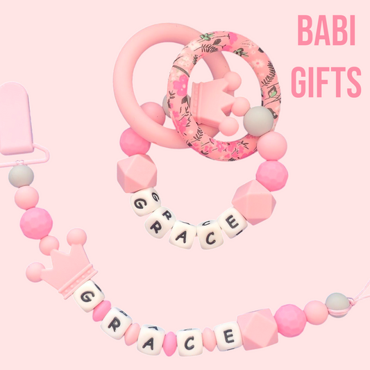 Pink Crown Dummy Clip & Teether Set – Baby Girl Gift