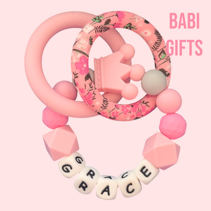 Pink Crown Dummy Clip & Teether Set – Baby Girl Gift