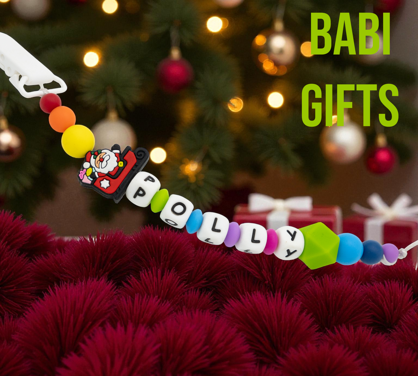 Santa in Sleigh Dummy Clip and Teether Set – Personalised Christmas Baby Gift