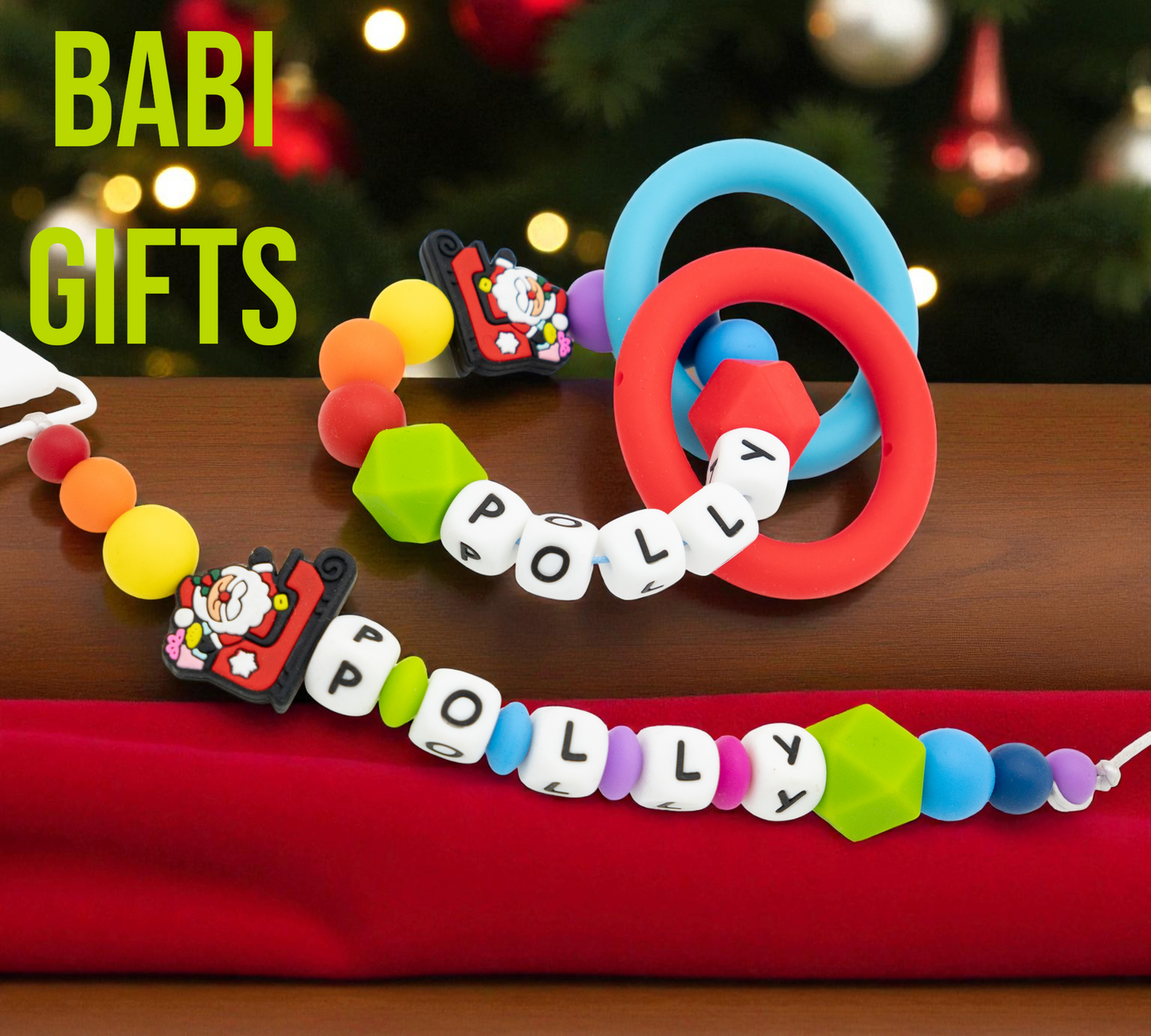 Santa in Sleigh Dummy Clip and Teether Set – Personalised Christmas Baby Gift