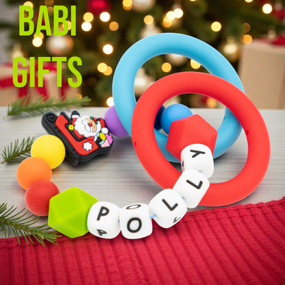 Santa in Sleigh Dummy Clip and Teether Set – Personalised Christmas Baby Gift
