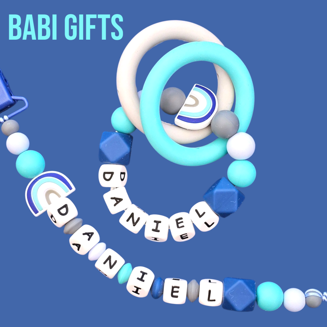 Blue Rainbow Dummy Clip & Teether – With Butterfly Option