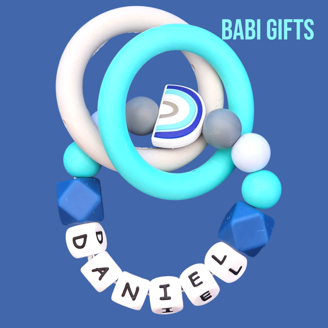 Blue Rainbow Dummy Clip & Teether – With Butterfly Option