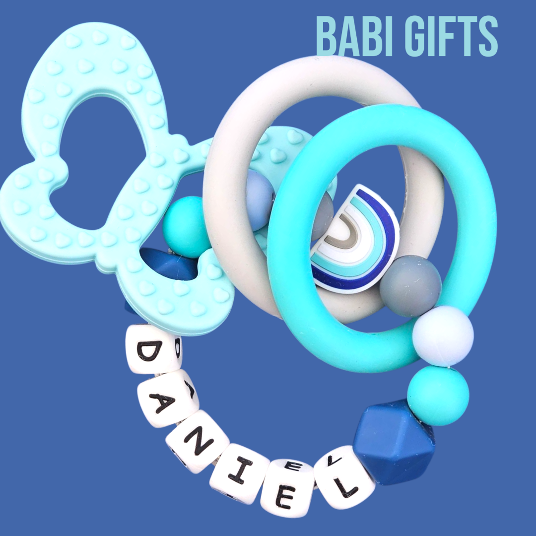 Blue Rainbow Dummy Clip & Teether – With Butterfly Option