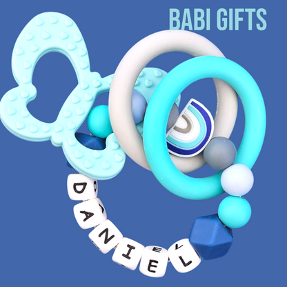 Blue Rainbow Dummy Clip & Teether – With Butterfly Option