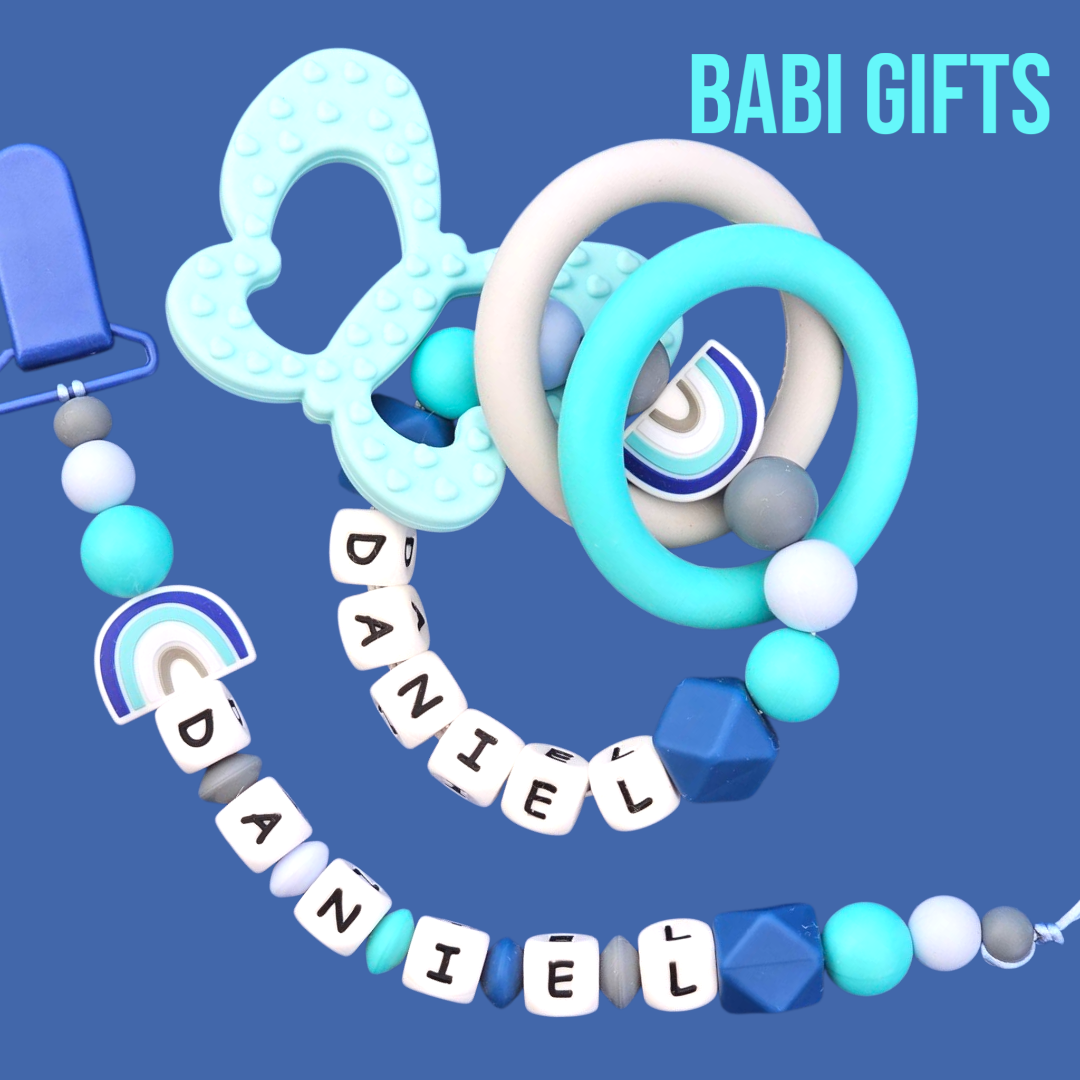 Blue Rainbow Dummy Clip & Teether – With Butterfly Option