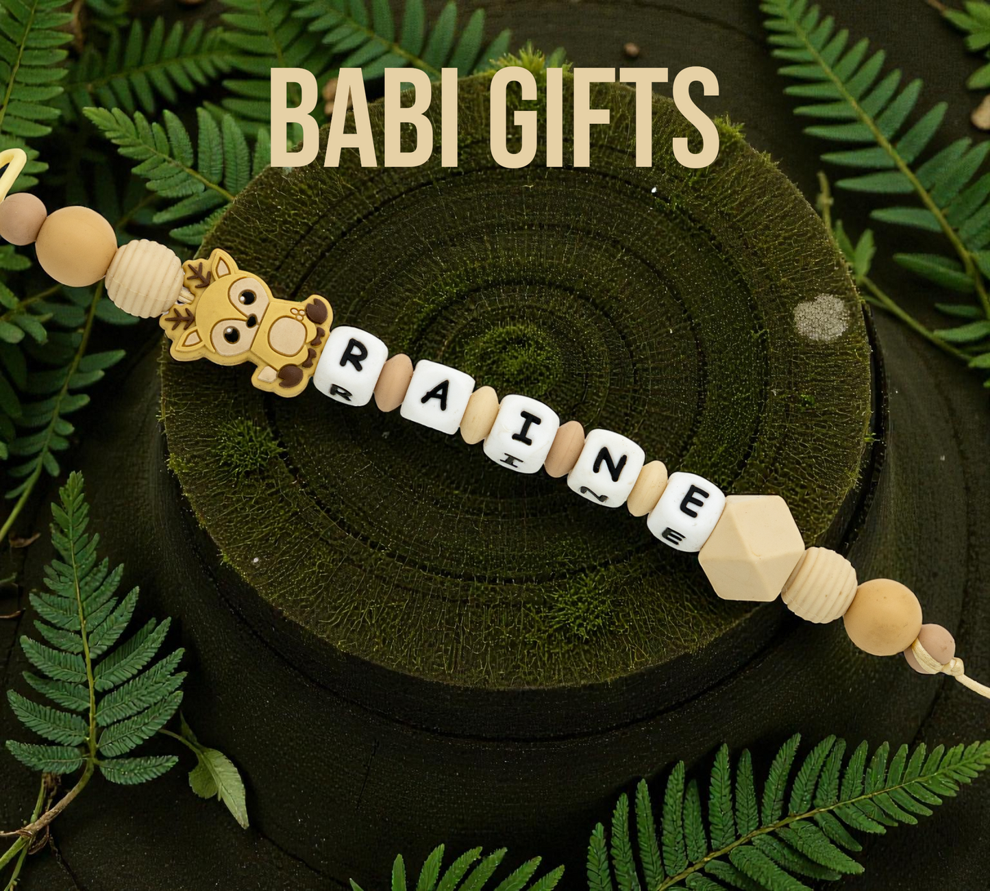 Neutral Reindeer Dummy Clip and Teether Set – Personalised Christmas Baby Gift