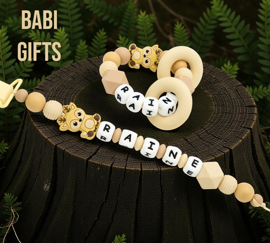 Neutral Reindeer Dummy Clip and Teether Set – Personalised Christmas Baby Gift