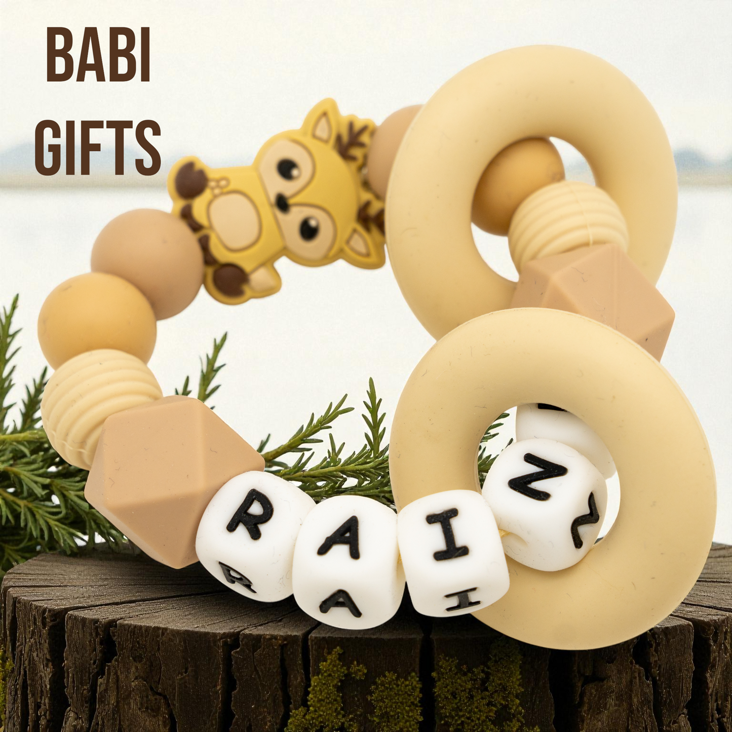Neutral Reindeer Dummy Clip and Teether Set – Personalised Christmas Baby Gift