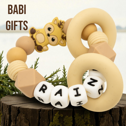 Neutral Reindeer Dummy Clip and Teether Set – Personalised Christmas Baby Gift