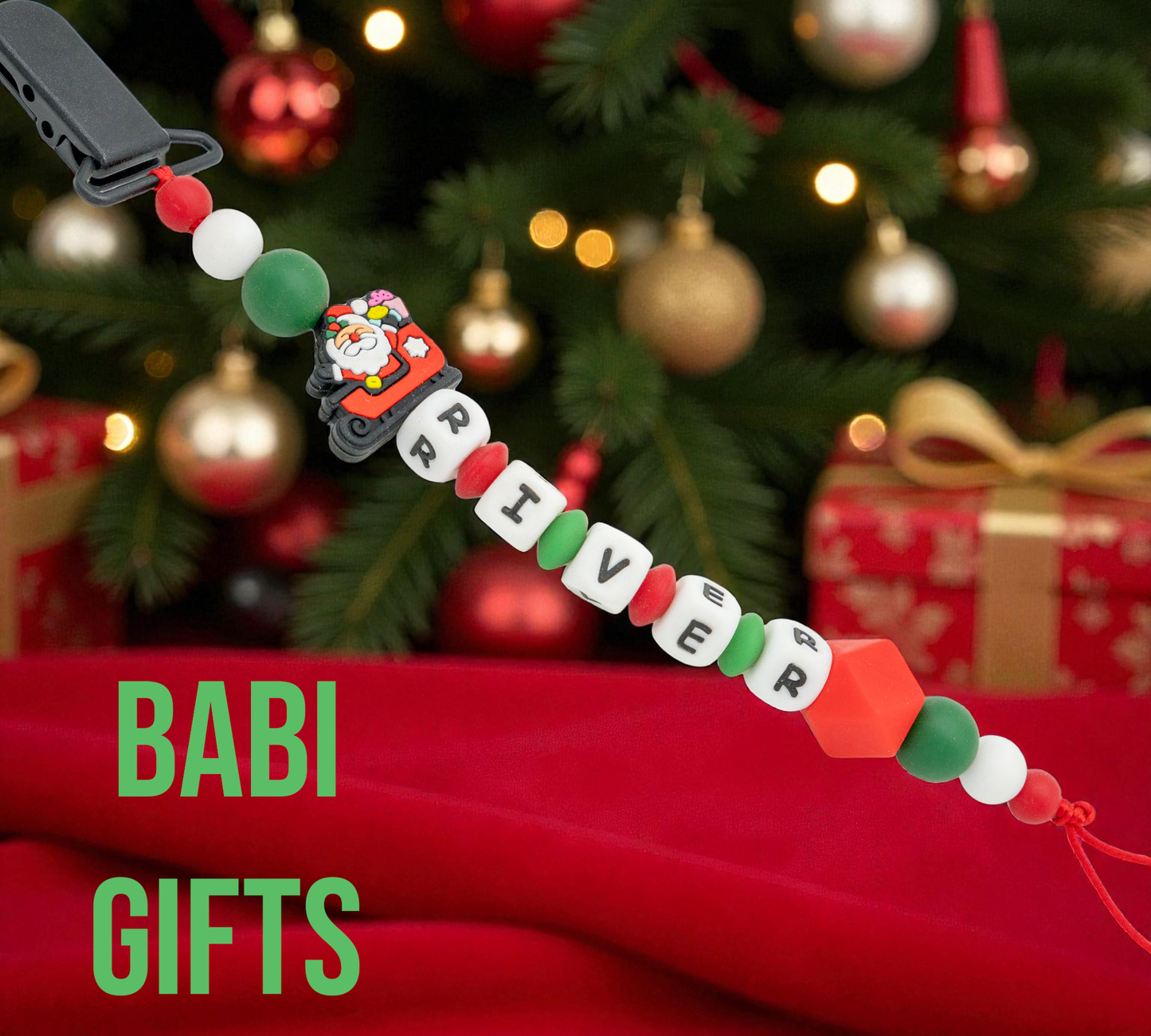 Santa Sleigh Dummy Clip and Teether Set – Personalised Christmas Baby Gift