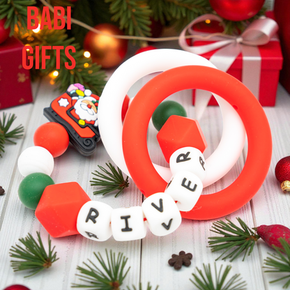 Santa Sleigh Dummy Clip and Teether Set – Personalised Christmas Baby Gift