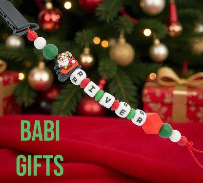 Santa Sleigh Dummy Clip and Teether Set – Personalised Christmas Baby Gift