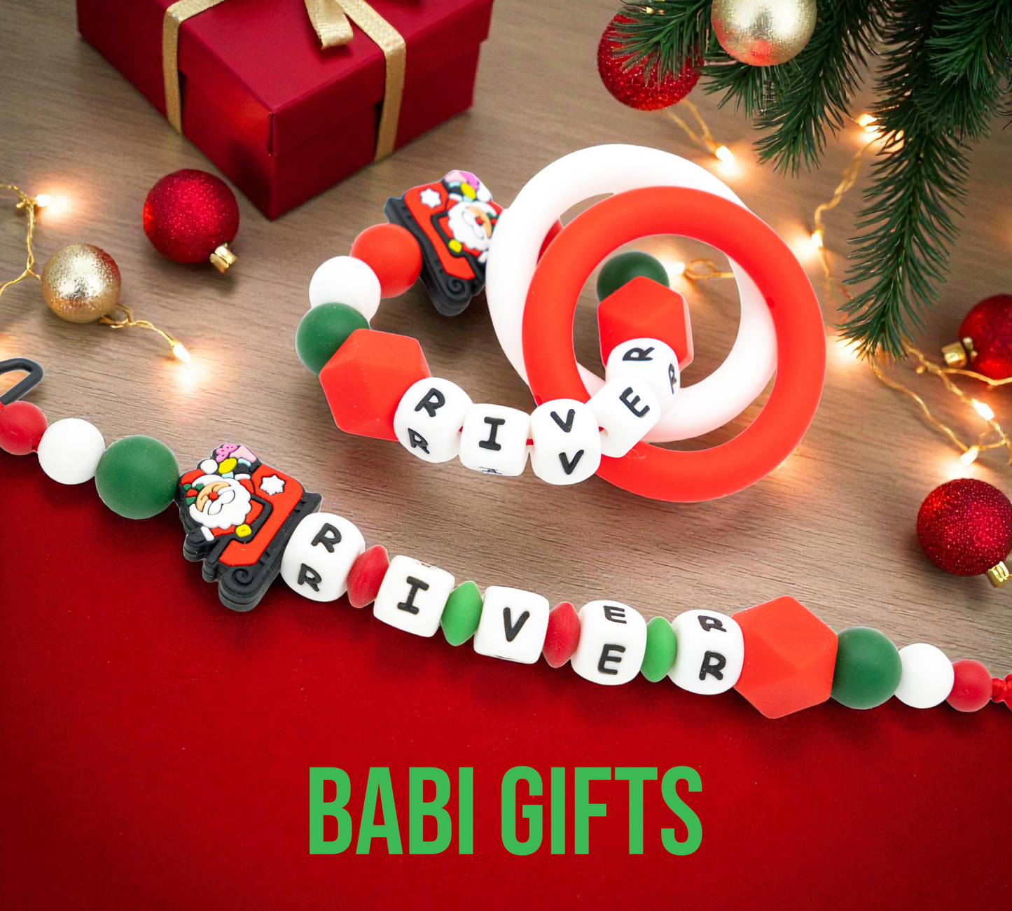 Santa Sleigh Dummy Clip and Teether Set – Personalised Christmas Baby Gift