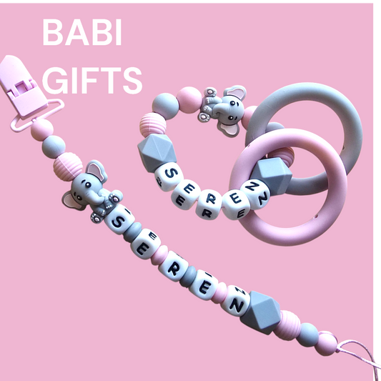 Elephant Dummy Clip and Teether Set – Pink & Grey Personalised Baby Gift