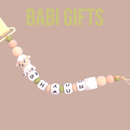 Sheep Dummy Clip & Wooden Teether – Natural Olive Gift
