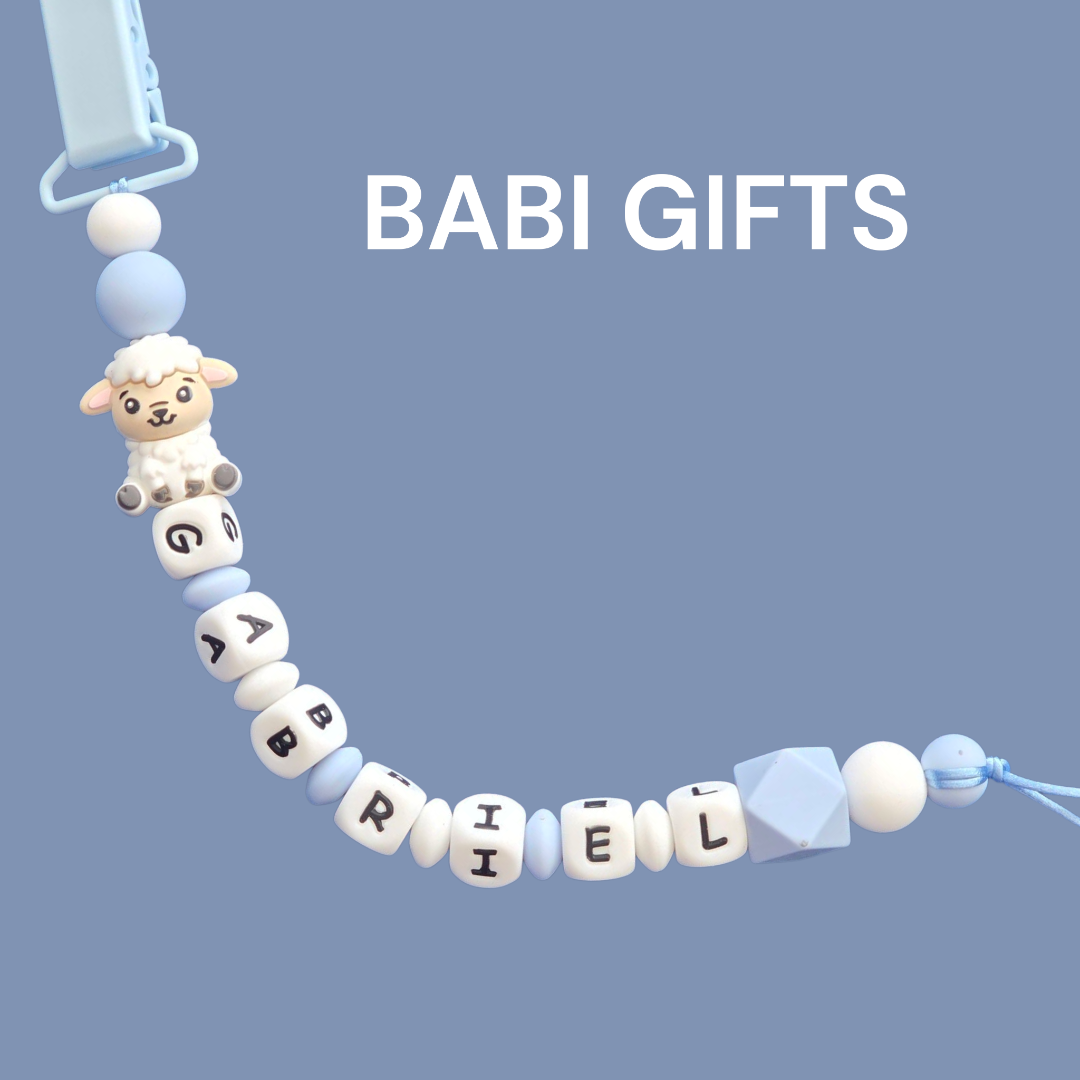 Sheep Dummy Clip and Teether Set – Blue & White Personalised Baby Gift