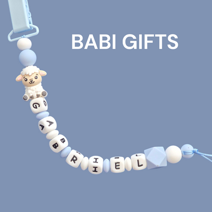 Sheep Dummy Clip and Teether Set – Blue & White Personalised Baby Gift