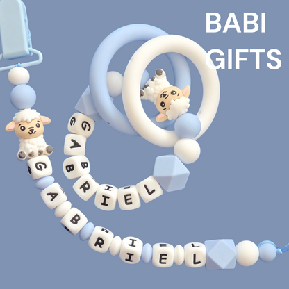 Sheep Dummy Clip and Teether Set – Blue & White Personalised Baby Gift