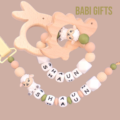 Sheep Dummy Clip & Wooden Teether – Natural Olive Gift