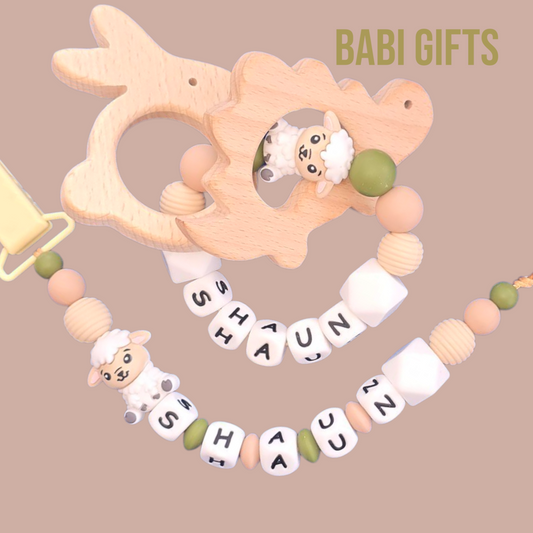 Sheep Dummy Clip & Wooden Teether – Natural Olive Gift