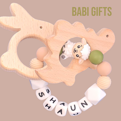 Sheep Dummy Clip & Wooden Teether – Natural Olive Gift
