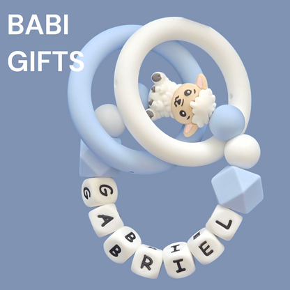 Sheep Dummy Clip and Teether Set – Blue & White Personalised Baby Gift