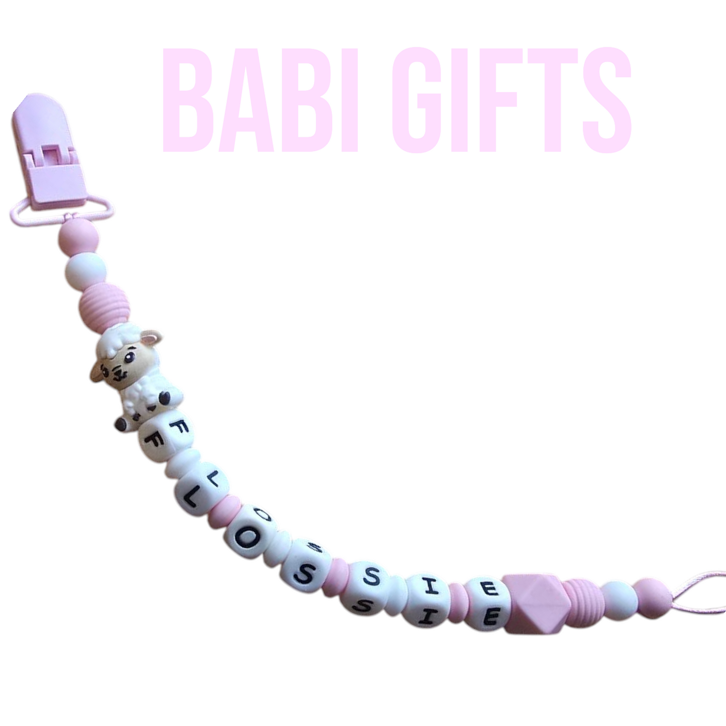 Pink & White Sheep Dummy Clip and Teether Set – Personalised Baby Gift