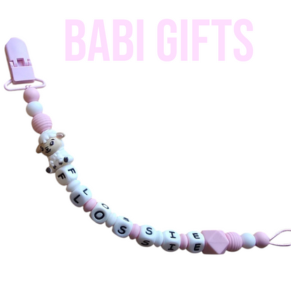 Pink & White Sheep Dummy Clip and Teether Set – Personalised Baby Gift