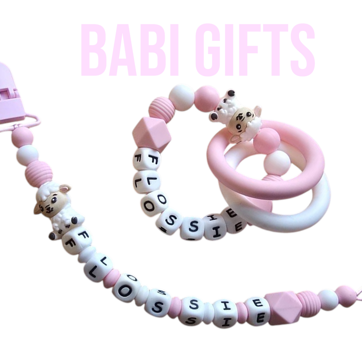 Pink & White Sheep Dummy Clip and Teether Set – Personalised Baby Gift