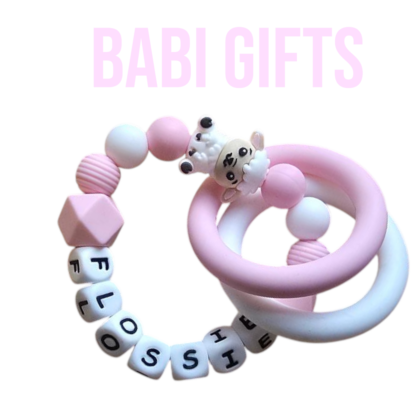 Pink & White Sheep Dummy Clip and Teether Set – Personalised Baby Gift