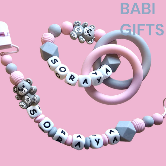 Teddy Bear Dummy Clip and Teether Set – Pink & Grey Personalised Baby Gift
