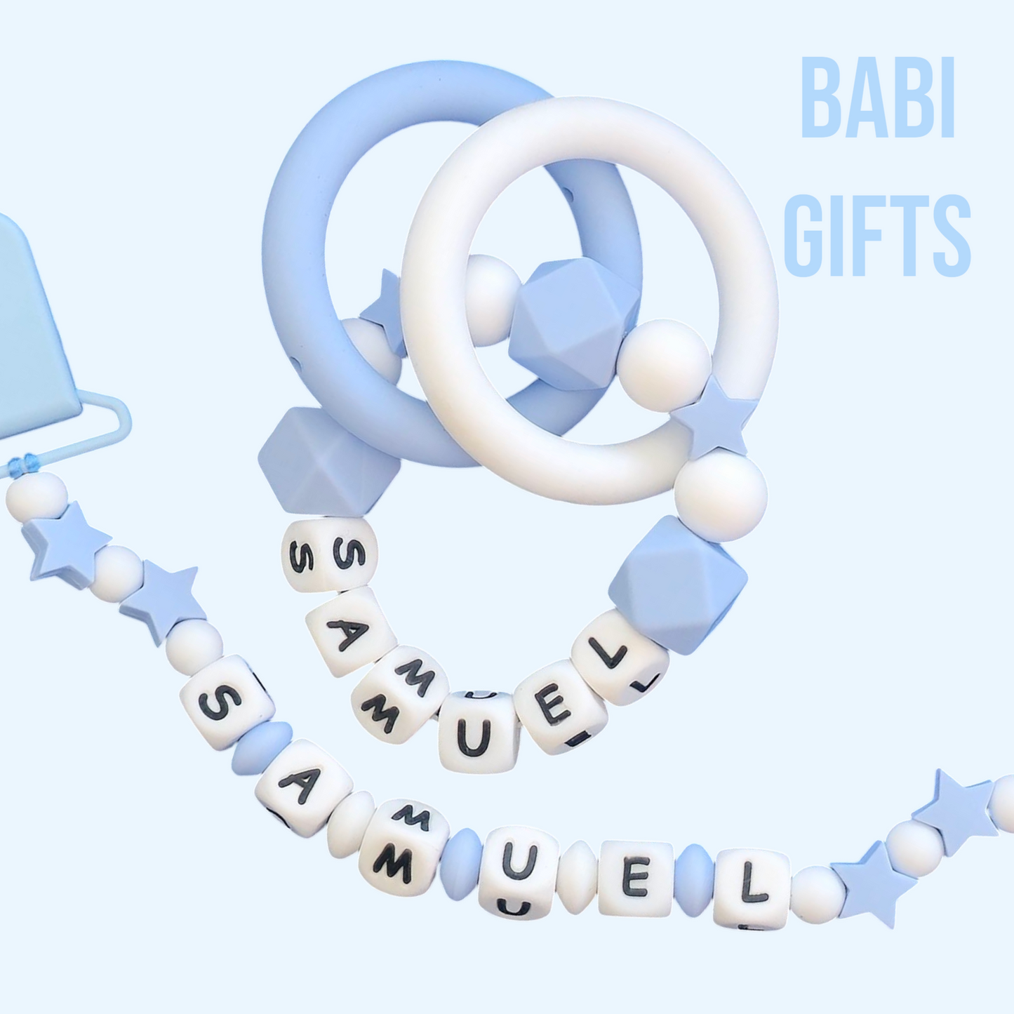 Blue Star Dummy Clip & Teether – Personalised Baby Gift