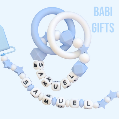 Blue Star Dummy Clip & Teether – Personalised Baby Gift