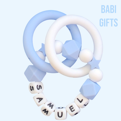 Blue Star Dummy Clip & Teether – Personalised Baby Gift