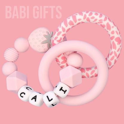Strawberry Dummy Clip – Pink Personalised Teether Set