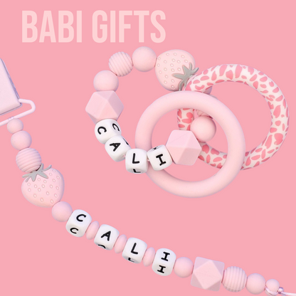 Strawberry Dummy Clip – Pink Personalised Teether Set