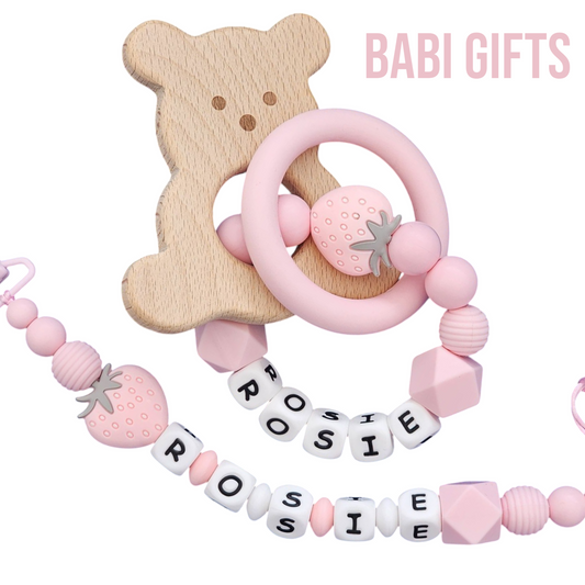 Strawberry Dummy Clip & Teether – Pink Bear Rattle Gift